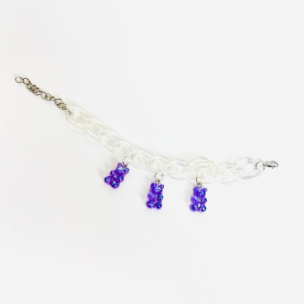NWT Iridescent Clear Holographic Chain Block Purple Sparkle Gummy Bear Bracelet - Picture 3 of 7